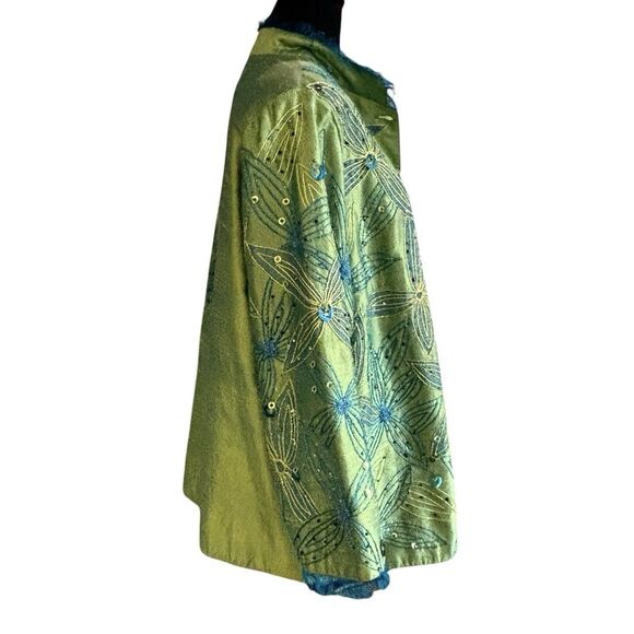Anage Jacket Button Up 100% Silk Green Embroidered Beaded Flower Art - Picture 5 of 9